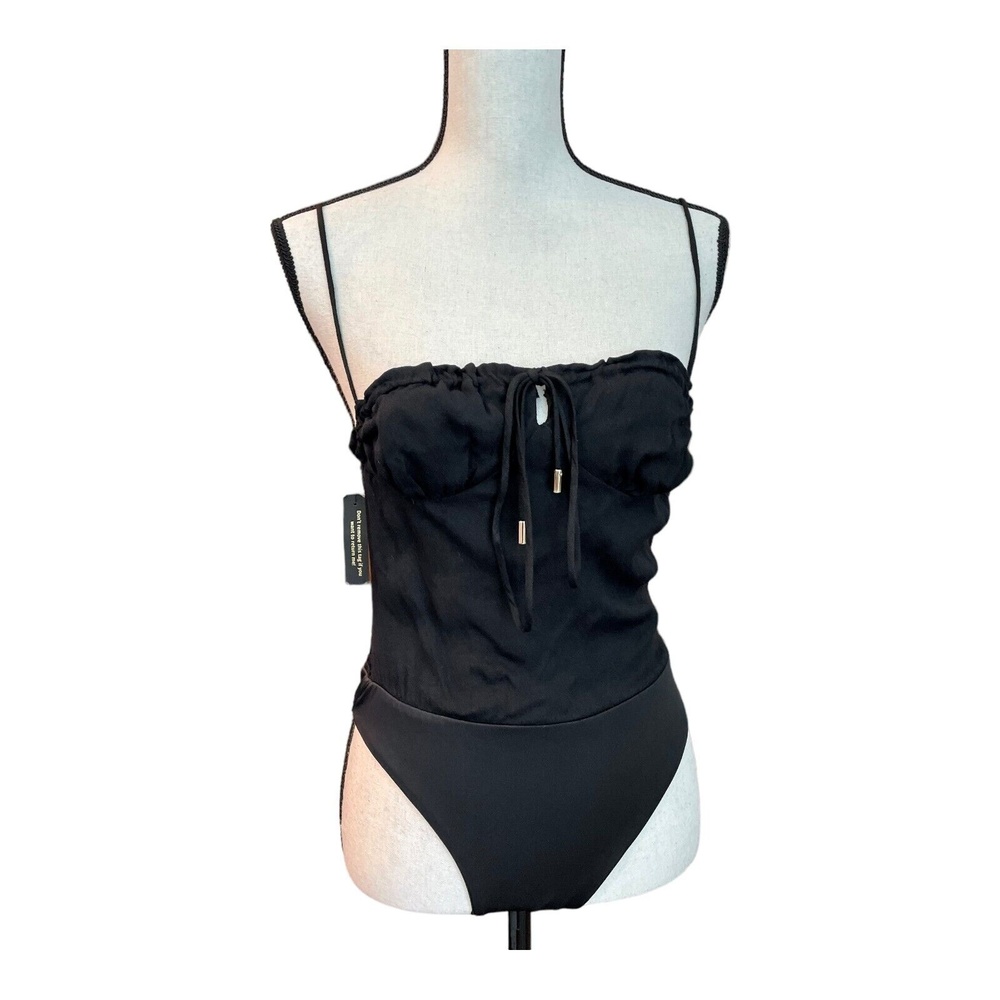 AFRM Womens Bodysuit Black Sleeveless Solid Tie Front Boho Smocked Thong XS New